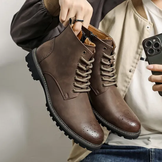 Outlet OUKU Men's Brown Faux Leather Lace-Up Ankle Boots with Brogue Detail and Rugged Sole – Classic and Durable Outdoor Style