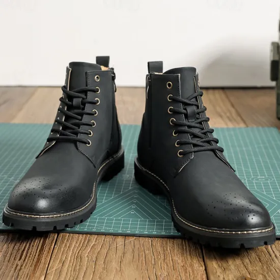 Outlet OUKU Men's Brown Faux Leather Lace-Up Ankle Boots with Brogue Detail and Rugged Sole – Classic and Durable Outdoor Style