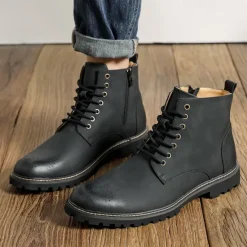 Outlet OUKU Men's Brown Faux Leather Lace-Up Ankle Boots with Brogue Detail and Rugged Sole – Classic and Durable Outdoor Style