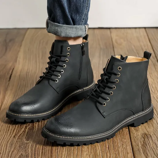 Outlet OUKU Men's Brown Faux Leather Lace-Up Ankle Boots with Brogue Detail and Rugged Sole – Classic and Durable Outdoor Style