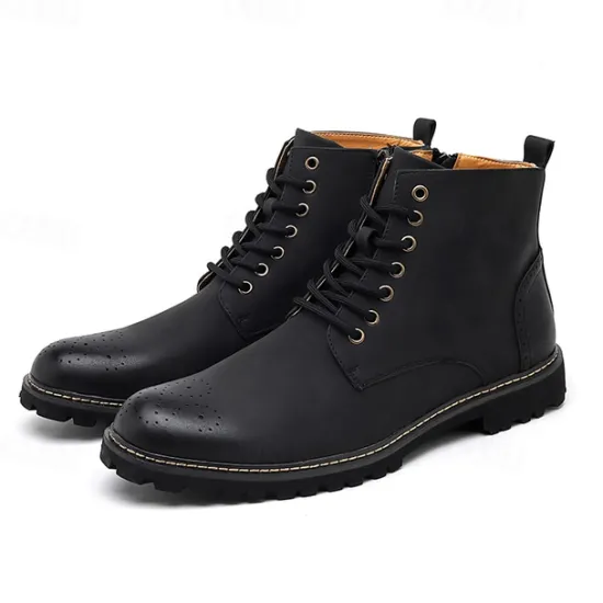 Outlet OUKU Men's Brown Faux Leather Lace-Up Ankle Boots with Brogue Detail and Rugged Sole – Classic and Durable Outdoor Style