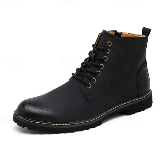 Outlet OUKU Men's Brown Faux Leather Lace-Up Ankle Boots with Brogue Detail and Rugged Sole – Classic and Durable Outdoor Style