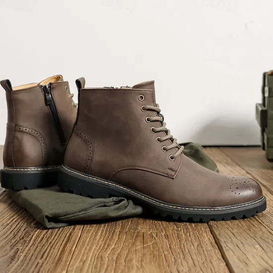 Outlet OUKU Men's Brown Faux Leather Lace-Up Ankle Boots with Brogue Detail and Rugged Sole – Classic and Durable Outdoor Style