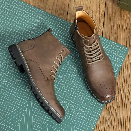 Outlet OUKU Men's Brown Faux Leather Lace-Up Ankle Boots with Brogue Detail and Rugged Sole – Classic and Durable Outdoor Style