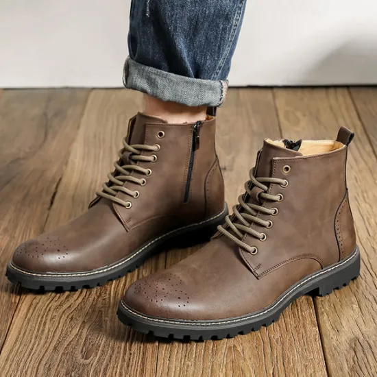 Outlet OUKU Men's Brown Faux Leather Lace-Up Ankle Boots with Brogue Detail and Rugged Sole – Classic and Durable Outdoor Style