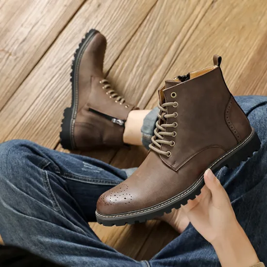 Outlet OUKU Men's Brown Faux Leather Lace-Up Ankle Boots with Brogue Detail and Rugged Sole – Classic and Durable Outdoor Style