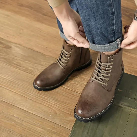 Outlet OUKU Men's Brown Faux Leather Lace-Up Ankle Boots with Brogue Detail and Rugged Sole – Classic and Durable Outdoor Style