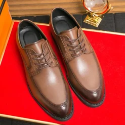 Discount OUKU Men's Brown Faux Leather Lace-Up Dress Shoes with Woven Detail, Classic Formal Style, Comfortable for Weddings and Business Events