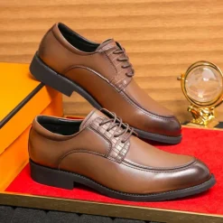 Discount OUKU Men's Brown Faux Leather Lace-Up Dress Shoes with Woven Detail, Classic Formal Style, Comfortable for Weddings and Business Events