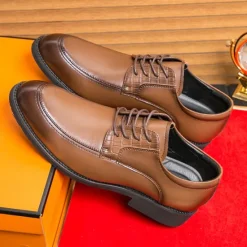 Discount OUKU Men's Brown Faux Leather Lace-Up Dress Shoes with Woven Detail, Classic Formal Style, Comfortable for Weddings and Business Events