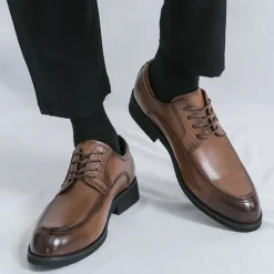 Discount OUKU Men's Brown Faux Leather Lace-Up Dress Shoes with Woven Detail, Classic Formal Style, Comfortable for Weddings and Business Events