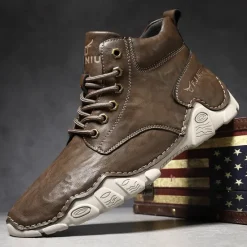 Best OUKU Men's Brown Faux Leather Lace-Up Ankle Boots | Durable Outdoor Footwear with Non-Slip Sole for Hiking and Casual Wear
