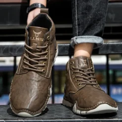 Best OUKU Men's Brown Faux Leather Lace-Up Ankle Boots | Durable Outdoor Footwear with Non-Slip Sole for Hiking and Casual Wear