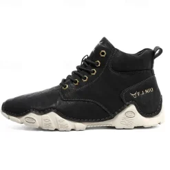 Best OUKU Men's Brown Faux Leather Lace-Up Ankle Boots | Durable Outdoor Footwear with Non-Slip Sole for Hiking and Casual Wear