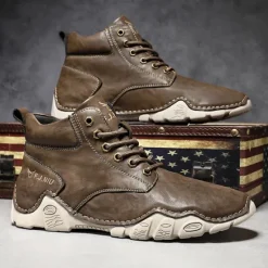 Best OUKU Men's Brown Faux Leather Lace-Up Ankle Boots | Durable Outdoor Footwear with Non-Slip Sole for Hiking and Casual Wear