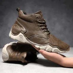 Best OUKU Men's Brown Faux Leather Lace-Up Ankle Boots | Durable Outdoor Footwear with Non-Slip Sole for Hiking and Casual Wear