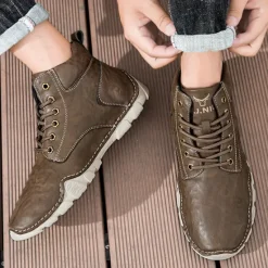 Best OUKU Men's Brown Faux Leather Lace-Up Ankle Boots | Durable Outdoor Footwear with Non-Slip Sole for Hiking and Casual Wear