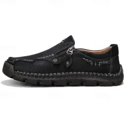 Hot OUKU Men's Brown Faux Leather Slip-On Loafers with Side Zipper and Hand-Stitched Details – Comfortable Casual Shoes for Work, Travel, and Daily Wear