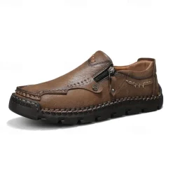 Hot OUKU Men's Brown Faux Leather Slip-On Loafers with Side Zipper and Hand-Stitched Details – Comfortable Casual Shoes for Work, Travel, and Daily Wear