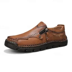 Hot OUKU Men's Brown Faux Leather Slip-On Loafers with Side Zipper and Hand-Stitched Details – Comfortable Casual Shoes for Work, Travel, and Daily Wear