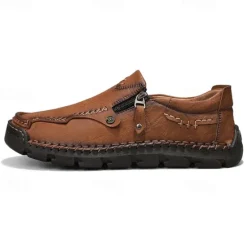 Hot OUKU Men's Brown Faux Leather Slip-On Loafers with Side Zipper and Hand-Stitched Details – Comfortable Casual Shoes for Work, Travel, and Daily Wear