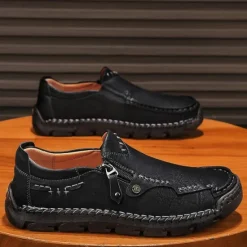 Hot OUKU Men's Brown Faux Leather Slip-On Loafers with Side Zipper and Hand-Stitched Details – Comfortable Casual Shoes for Work, Travel, and Daily Wear