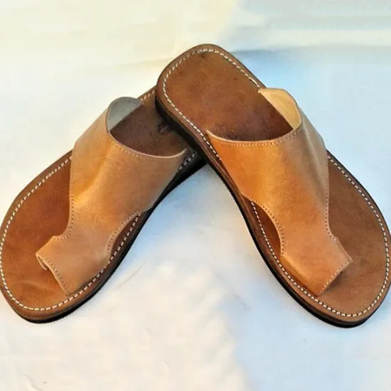 Clearance OUKU Men's Brown Faux Leather Toe Loop Sandals with Hand-Stitched Details - Vintage Style Slip-On Summer Footwear