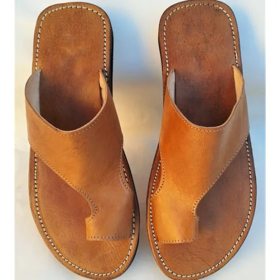 Clearance OUKU Men's Brown Faux Leather Toe Loop Sandals with Hand-Stitched Details - Vintage Style Slip-On Summer Footwear