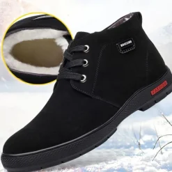 Online OUKU Men's Brown Faux Suede Winter Ankle Boots with Plush Lining – Warm Lace-Up Casual Shoes for Cold Weather