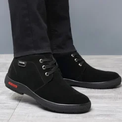 Online OUKU Men's Brown Faux Suede Winter Ankle Boots with Plush Lining – Warm Lace-Up Casual Shoes for Cold Weather