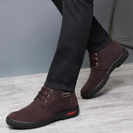 Online OUKU Men's Brown Faux Suede Winter Ankle Boots with Plush Lining – Warm Lace-Up Casual Shoes for Cold Weather