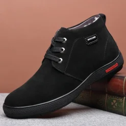 Online OUKU Men's Brown Faux Suede Winter Ankle Boots with Plush Lining – Warm Lace-Up Casual Shoes for Cold Weather