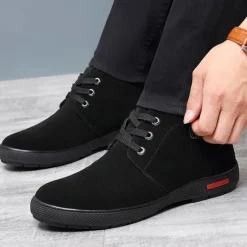 Online OUKU Men's Brown Faux Suede Winter Ankle Boots with Plush Lining – Warm Lace-Up Casual Shoes for Cold Weather