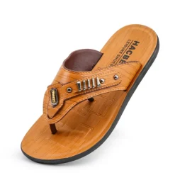 Hot OUKU Men's Brown Flip-Flop Sandals – Stylish & Comfortable Slip-On Slippers with Metal Accents for Casual Wear & Beach Outings