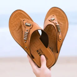 Hot OUKU Men's Brown Flip-Flop Sandals – Stylish & Comfortable Slip-On Slippers with Metal Accents for Casual Wear & Beach Outings