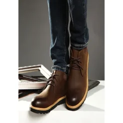 Clearance OUKU Men's Brown Leather Ankle Boots with Lace-Up Design and Durable Sole – Stylish Casual Footwear for Everyday and Outdoor Wear