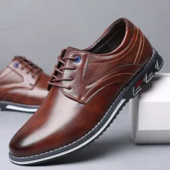 Sale OUKU Men's Brown Leather Oxford Shoes with Non-Slip Rubber Sole - Stylish and Comfortable Dress Shoes for Formal and Casual Wear