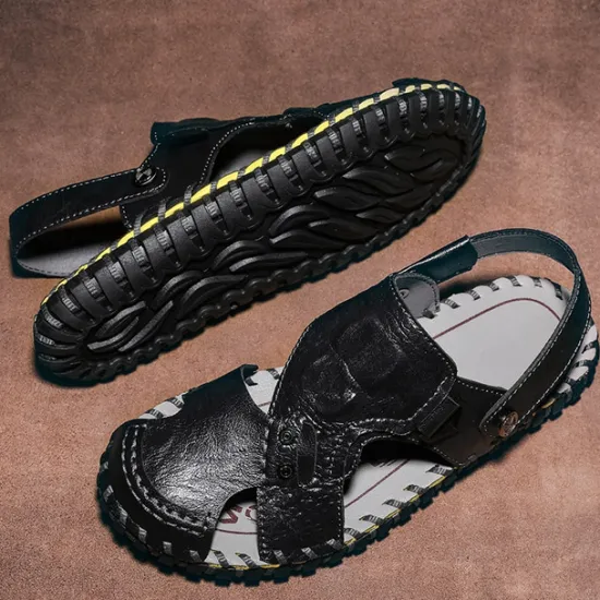 Best OUKU Men's Brown Leather Sandals with Adjustable Strap and Stylish Stitching – Comfortable and Durable for Casual Outings, Beach and Everyday Wear