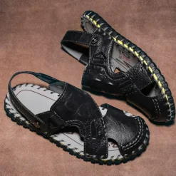 Best OUKU Men's Brown Leather Sandals with Adjustable Strap and Stylish Stitching – Comfortable and Durable for Casual Outings, Beach and Everyday Wear