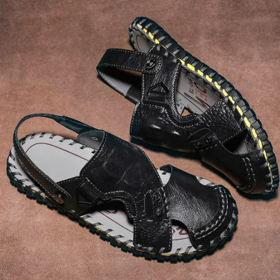Best OUKU Men's Brown Leather Sandals with Adjustable Strap and Stylish Stitching – Comfortable and Durable for Casual Outings, Beach and Everyday Wear