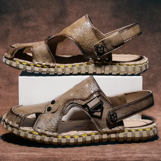 Best OUKU Men's Brown Leather Sandals with Adjustable Strap and Stylish Stitching – Comfortable and Durable for Casual Outings, Beach and Everyday Wear