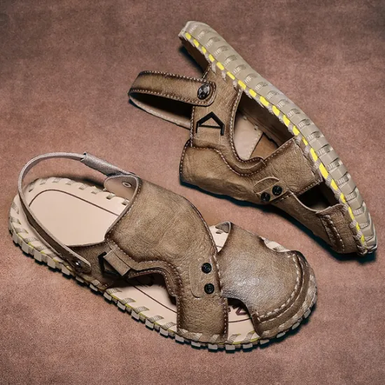Best OUKU Men's Brown Leather Sandals with Adjustable Strap and Stylish Stitching – Comfortable and Durable for Casual Outings, Beach and Everyday Wear
