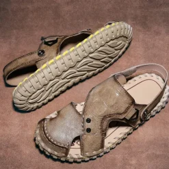 Best OUKU Men's Brown Leather Sandals with Adjustable Strap and Stylish Stitching – Comfortable and Durable for Casual Outings, Beach and Everyday Wear