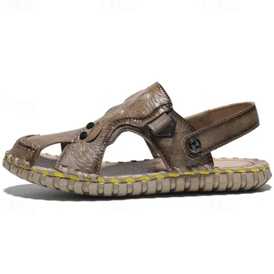 Best OUKU Men's Brown Leather Sandals with Adjustable Strap and Stylish Stitching – Comfortable and Durable for Casual Outings, Beach and Everyday Wear