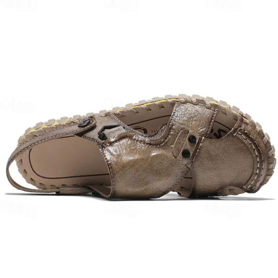 Best OUKU Men's Brown Leather Sandals with Adjustable Strap and Stylish Stitching – Comfortable and Durable for Casual Outings, Beach and Everyday Wear