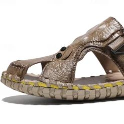 Best OUKU Men's Brown Leather Sandals with Adjustable Strap and Stylish Stitching – Comfortable and Durable for Casual Outings, Beach and Everyday Wear