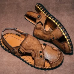 Best OUKU Men's Brown Leather Sandals with Adjustable Strap and Stylish Stitching – Comfortable and Durable for Casual Outings, Beach and Everyday Wear