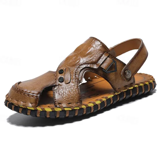 Best OUKU Men's Brown Leather Sandals with Adjustable Strap and Stylish Stitching – Comfortable and Durable for Casual Outings, Beach and Everyday Wear
