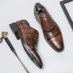 Clearance OUKU Men's Brown Plaid Pattern Oxford Dress Shoes – Faux Leather Lace-Up Formal Shoes for Office and Business Wear