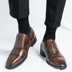 Clearance OUKU Men's Brown Plaid Pattern Oxford Dress Shoes – Faux Leather Lace-Up Formal Shoes for Office and Business Wear